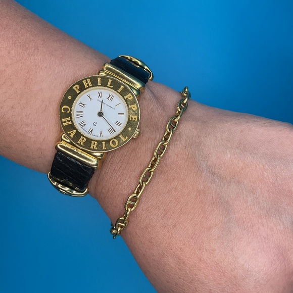 Gold-Tone Women's Watch with Black Leather Strap - Picture 12 of 14